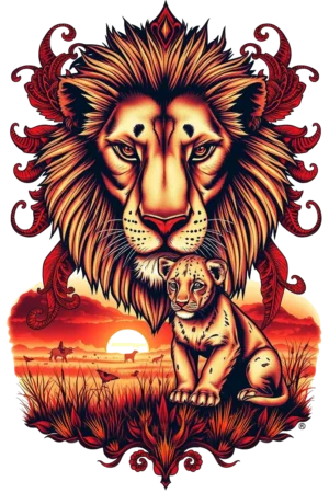 A vibrant temporary tattoo illustration featuring a majestic lion and its cub. The lion, with a detailed golden mane and intense gaze, is positioned on the left, while the smaller cub, resembling its parent, is nestled to the right. They are set against