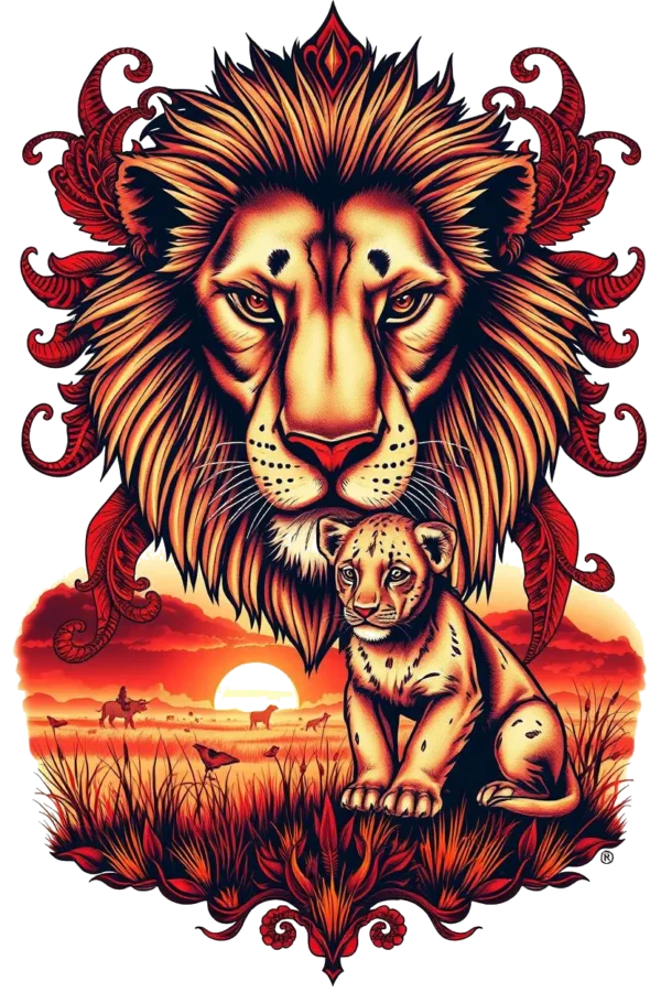 A vibrant temporary temporary tattoo illustration featuring a majestic lion and its cub. The lion, with a detailed golden mane and intense gaze, is positioned on the left, while the smaller cub, resembling its parent, is nestled to the right. They are set against