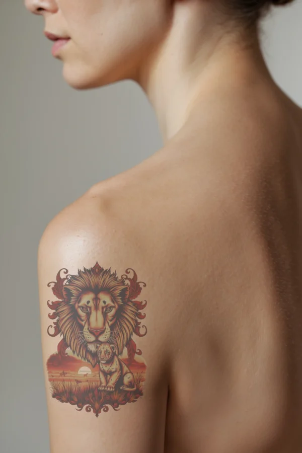 A temporary temporary tattoo displaying a profile view of a person's shoulder, featuring a vibrant illustration of a majestic lion and its cub. The lion, with a detailed golden mane and intense gaze, dominates the left side, while the smaller cub, also with a golden