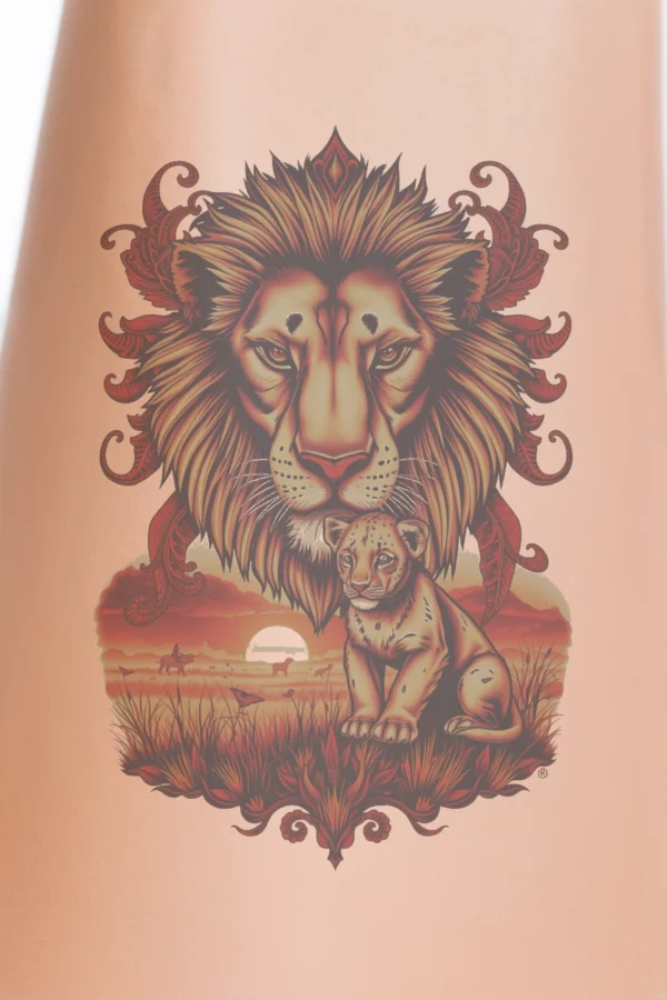 A vibrant temporary temporary tattoo design featuring a majestic lion with a golden mane and intense gaze on the left, alongside its cub, which has a smaller, similar golden mane on the right. They are set against a sunset backdrop with hues of orange and red,