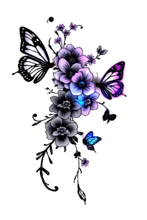 A vibrant temporary tattoo design featuring a loose arrangement of flowers in shades of purple, pink, and white, complemented by small dark-colored flowers. The blossoms are positioned at various angles, some upright, against a stark white background. Additionally, blue and purple