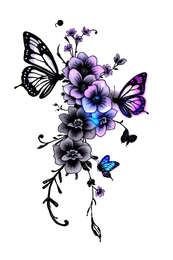 A vibrant temporary temporary tattoo design featuring a loose arrangement of flowers in shades of purple, pink, and white, complemented by small dark-colored flowers. The blossoms are positioned at various angles, some upright, against a stark white background. Additionally, blue and purple