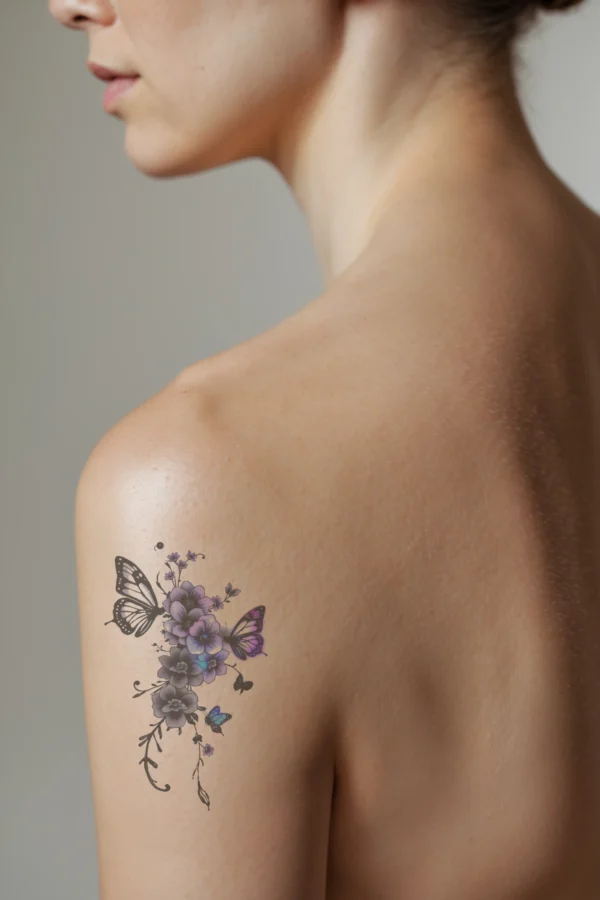 Temporary temporary tattoo featuring a vibrant floral arrangement on a shoulder, showcasing purple, pink, and white flowers alongside small dark-colored blooms. The flowers are loosely cascading, with some upright, against a stark white background that enhances their colors. Blue and purple butterflies are