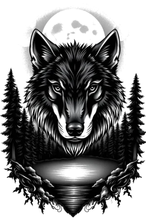 A black and white temporary tattoo design featuring a lifelike illustration of a wolf's head and neck, centered in the image. The wolf's fur showcases intricate details in varying shades of black, while its striking blue eyes provide a vivid contrast. The wolf