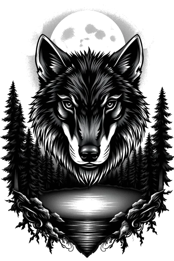 A black and white temporary temporary tattoo design featuring a lifelike illustration of a wolf's head and neck, centered in the image. The wolf's fur showcases intricate details in varying shades of black, while its striking blue eyes provide a vivid contrast. The wolf