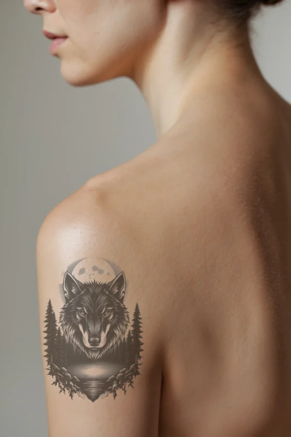 A temporary temporary tattoo design featuring a detailed black and white illustration of a wolf's head in profile. The wolf, with lifelike fur rendered in shades of black, has striking blue eyes and a prominent nose, its mouth slightly open. The head is framed