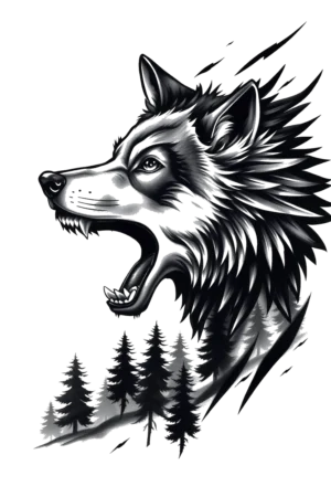 Temporary tattoo design featuring a detailed black and white illustration of a wolf's head in profile, facing left. The wolf has its mouth open, showcasing sharp teeth, and fierce, wide eyes. Its textured fur is rendered in varying shades of black and white