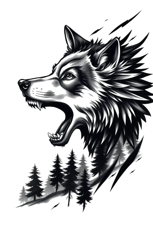 Temporary temporary tattoo design featuring a detailed black and white illustration of a wolf's head in profile, facing left. The wolf has its mouth open, showcasing sharp teeth, and fierce, wide eyes. Its textured fur is rendered in varying shades of black and white