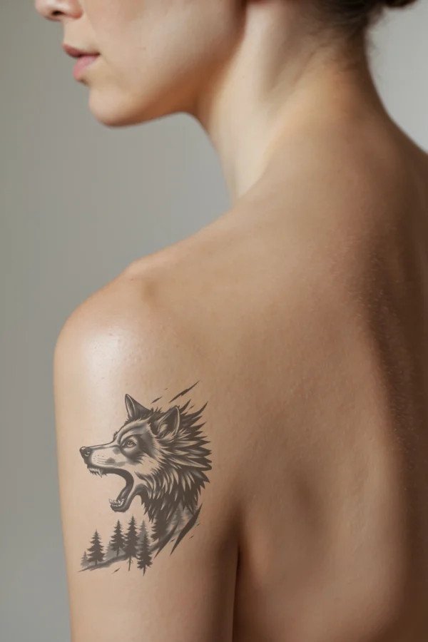 A detailed temporary temporary tattoo on a person's shoulder showcases a black and white illustration of a fierce wolf’s head in profile. The wolf's mouth is open, displaying sharp teeth, and its wide eyes convey intensity. The fur is depicted in various shades of black