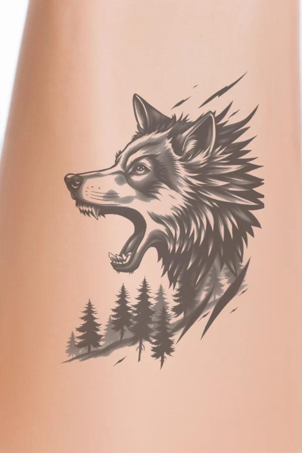 A striking black and white temporary temporary tattoo featuring a wolf's head and neck in profile, facing left. The wolf, depicted with an open mouth revealing sharp teeth and wide eyes, showcases a fierce expression. Its fur is intricately detailed with varying shades of