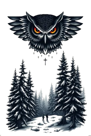 A temporary tattoo design featuring a snowy forest scene with a large, dark gray owl perched on a branch at the center. The owl's head is turned to the left, and its wings are fully extended, showcasing its wide-open eyes. Surrounding it