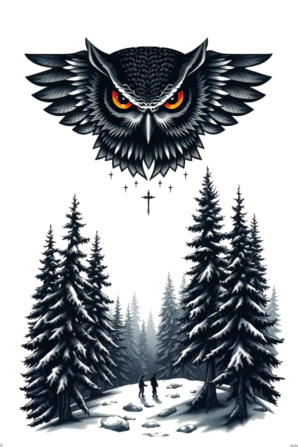 A temporary temporary tattoo design featuring a snowy forest scene with a large, dark gray owl perched on a branch at the center. The owl's head is turned to the left, and its wings are fully extended, showcasing its wide-open eyes. Surrounding it