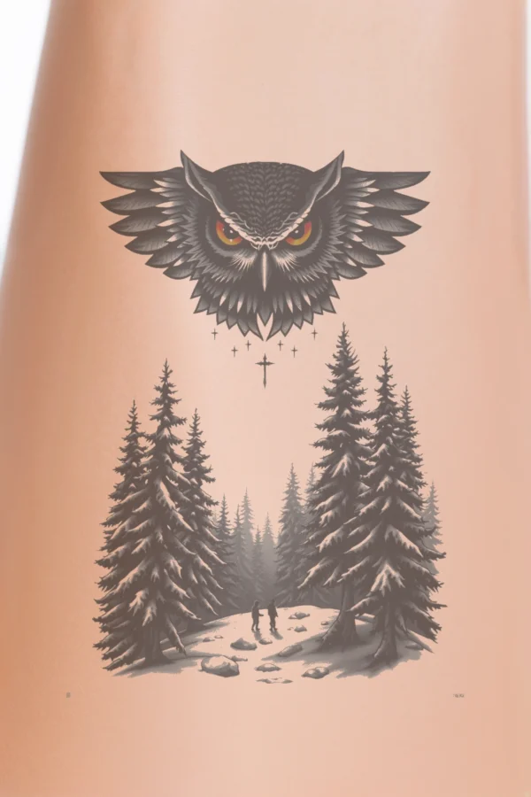 A detailed temporary temporary tattoo design featuring a snowy forest scene. At the center, a large dark gray owl with its head turned left, eyes wide open, and wings spread wide. The forest floor is blanketed in snow, surrounded by dark gray trees against