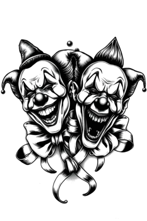 A temporary tattoo design featuring two black and white clown faces with exaggerated features. The clown on the left displays a wide, toothy grin and bright, wide eyes, while the clown on the right has a sinister expression with its mouth wide open. Both