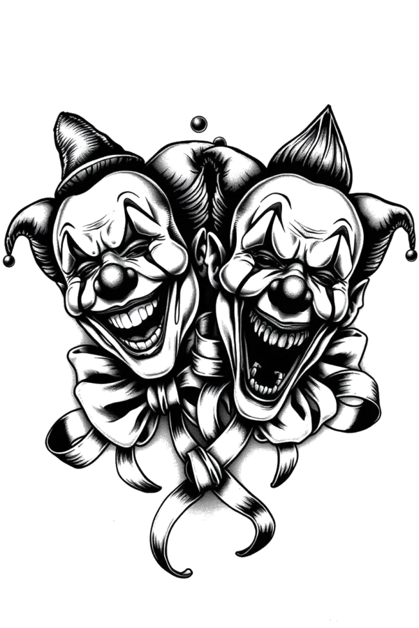 A temporary temporary tattoo design featuring two black and white clown faces with exaggerated features. The clown on the left displays a wide, toothy grin and bright, wide eyes, while the clown on the right has a sinister expression with its mouth wide open. Both