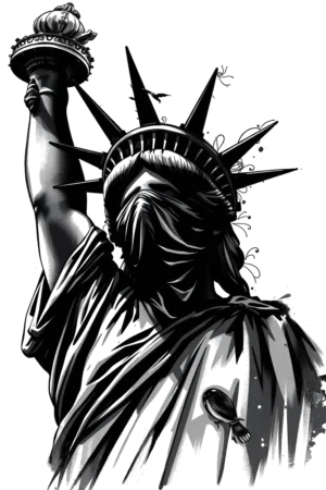 Temporary tattoo design featuring the Statue of Liberty in bold black and white. The statue is viewed from a low angle, highlighting its grandeur. Its face is partially hidden by a dark mask, obscuring some features. The right arm is raised, holding a