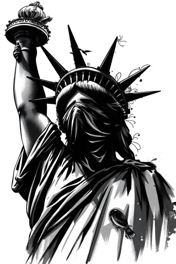 Temporary temporary tattoo design featuring the Statue of Liberty in bold black and white. The statue is viewed from a low angle, highlighting its grandeur. Its face is partially hidden by a dark mask, obscuring some features. The right arm is raised, holding a