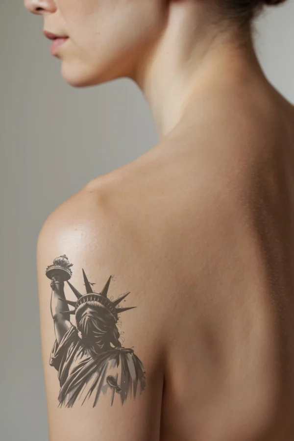 A detailed temporary temporary tattoo on a person's shoulder features the Statue of Liberty in striking black and white. The statue is depicted from a low angle, showcasing its grandeur. A dark mask partially obscures the statue's face, adding a mysterious element. Its right