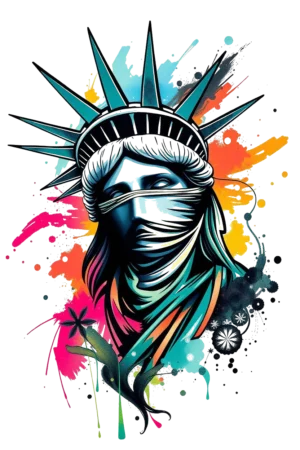 Temporary tattoo design featuring a stylized Statue of Liberty in vibrant blue, white, and green hues. The statue, holding its iconic torch, is partially obscured by a scarf, adding a mysterious touch. The background bursts with dynamic splashes of color