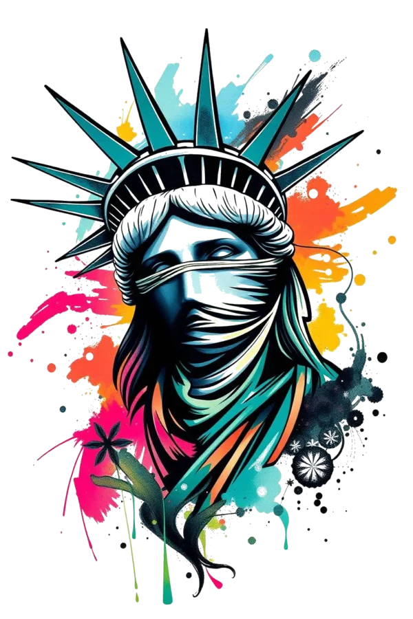 Temporary temporary tattoo design featuring a stylized Statue of Liberty in vibrant blue, white, and green hues. The statue, holding its iconic torch, is partially obscured by a scarf, adding a mysterious touch. The background bursts with dynamic splashes of color