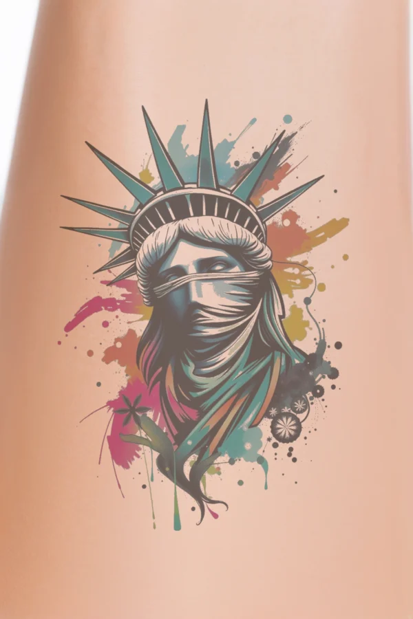 Temporary temporary tattoo design featuring a stylized depiction of the Statue of Liberty, illustrated in vibrant blue, white, and green shades. The statue is shown holding its iconic torch, with its face partially covered by a scarf, adding a sense of mystery. The