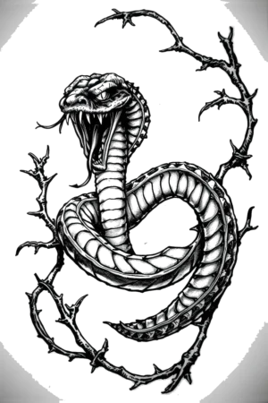 Alternative Text: A temporary tattoo design featuring a coiled snake entwined around a thorny branch. The snake is primarily black and white, with a lighter gray head and neck, and its mouth open to reveal sharp teeth. The dark gray or black