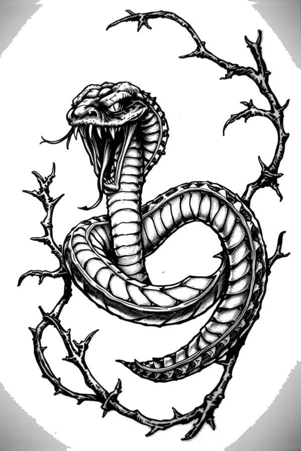 Alternative Text: A temporary temporary tattoo design featuring a coiled snake entwined around a thorny branch. The snake is primarily black and white, with a lighter gray head and neck, and its mouth open to reveal sharp teeth. The dark gray or black