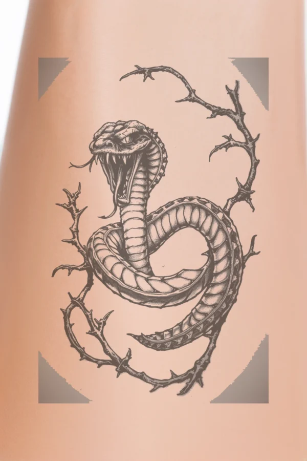 A temporary temporary tattoo design featuring a black and white snake coiled around a thorny branch. The snake's body is primarily black and white, with a lighter gray head and neck, and its mouth open to reveal teeth. The dark gray or black branch