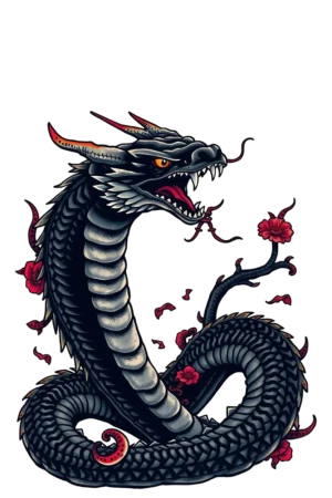 A temporary tattoo design featuring a fierce dragon with a dark, possibly black body. The dragon's head, adorned with intricate red and black patterns, is on the left and slightly tilted. Its mouth is open, showcasing sharp teeth and a vibrant red tongue