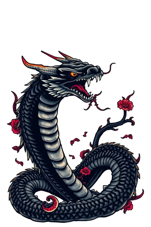 A temporary temporary tattoo design featuring a fierce dragon with a dark, possibly black body. The dragon's head, adorned with intricate red and black patterns, is on the left and slightly tilted. Its mouth is open, showcasing sharp teeth and a vibrant red tongue