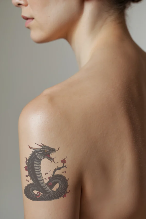 A temporary temporary tattoo on a person's shoulder depicts a detailed dragon in profile, featuring a dark body and a striking head with red and black patterns. The dragon’s mouth is open, showcasing sharp teeth and a vibrant red tongue, while its eyes are a vivid