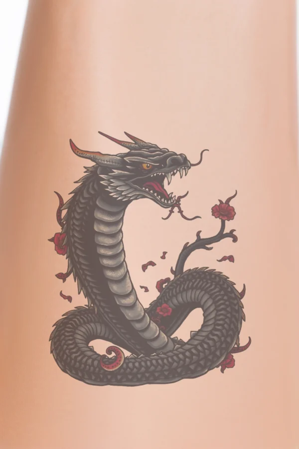 A temporary temporary tattoo design featuring a fierce dragon, its dark body accentuated by vibrant red and black patterns on its head. The dragon's mouth is open, showcasing sharp teeth and a bright red tongue, with striking red eyes that add to its menacing