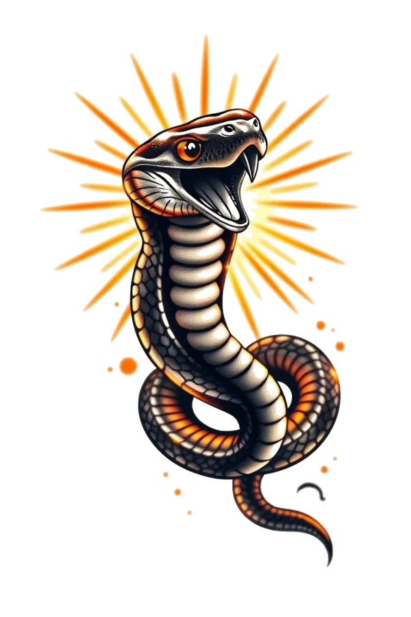 A temporary temporary tattoo design featuring a coiled snake with a dark brown or black body adorned with orange and white stripes. The snake's head, positioned centrally and facing right, is open, showcasing sharp teeth and a flicking tongue. The stark white background