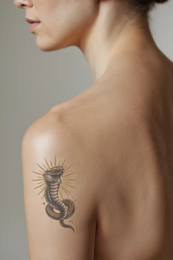 A detailed temporary temporary tattoo on a person's shoulder features a coiled snake with a dark brown or black body adorned with vibrant orange and white stripes. The snake's open mouth reveals sharp teeth and an extended tongue, with its head prominently facing right. The stark