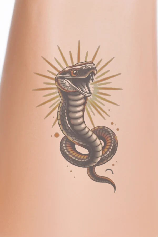 Alternative text: "A temporary temporary tattoo design featuring a coiled snake with a dark brown or black body adorned with orange and white stripes. The snake’s head is prominently positioned in the center, facing right, with its mouth open to reveal sharp teeth and