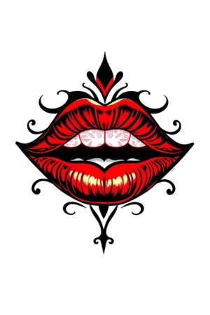 A temporary tattoo design featuring a striking illustration of open red and black lips with pink interiors. Intricate black designs embellish the lips, adding elegance. The lips are centrally positioned and slightly tilted left against a stark white background, enhancing the vibrant colors and