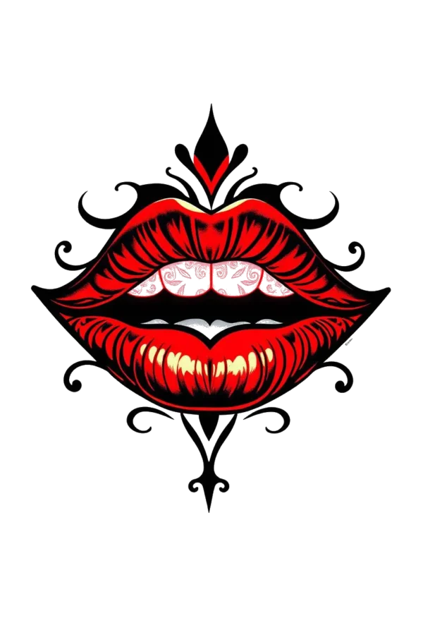 A temporary temporary tattoo design featuring a striking illustration of open red and black lips with pink interiors. Intricate black designs embellish the lips, adding elegance. The lips are centrally positioned and slightly tilted left against a stark white background, enhancing the vibrant colors and