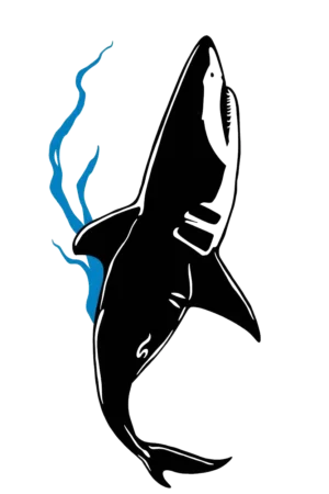 A black shark with a white underside and dark gray dorsal fin is shown facing upwards in the center of the image, its mouth open to reveal sharp teeth. The shark's body is oriented towards the right. Surrounding the shark are stylized blue sea