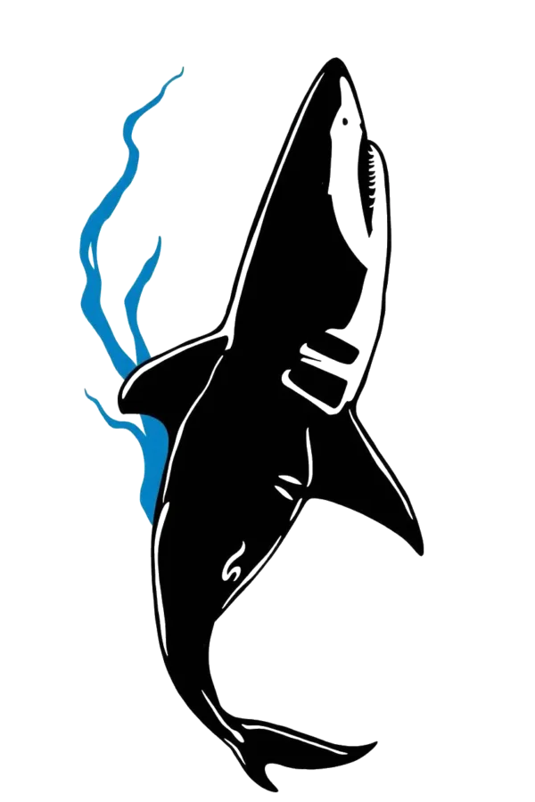 A black shark with a white underside and dark gray dorsal fin is shown facing upwards in the center of the image, its mouth open to reveal sharp teeth. The shark's body is oriented towards the right. Surrounding the shark are stylized blue sea