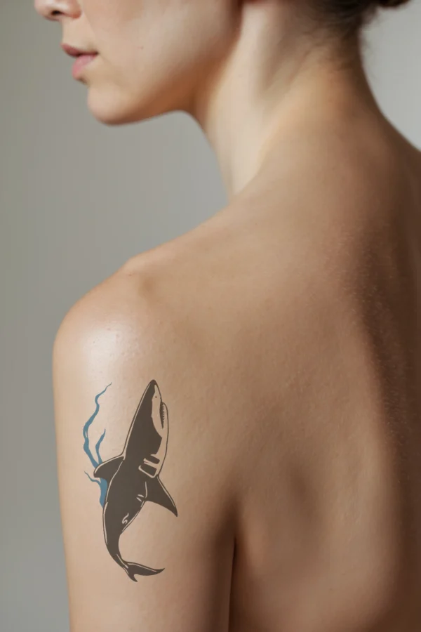 A temporary temporary tattoo on a person's shoulder features a black shark with a white underside and a dark gray dorsal fin, oriented upwards and facing right, showcasing its sharp teeth. The shark is surrounded by simplified blue seaweed or aquatic plants against a stark white background