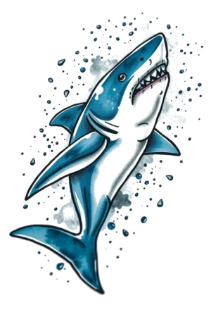 A temporary tattoo design featuring a dynamic shark illustrated in shades of blue and white, facing right with its mouth open to display sharp teeth. The shark's body, mostly white with blue accents and a darker blue tail, is oriented towards the left. Surround