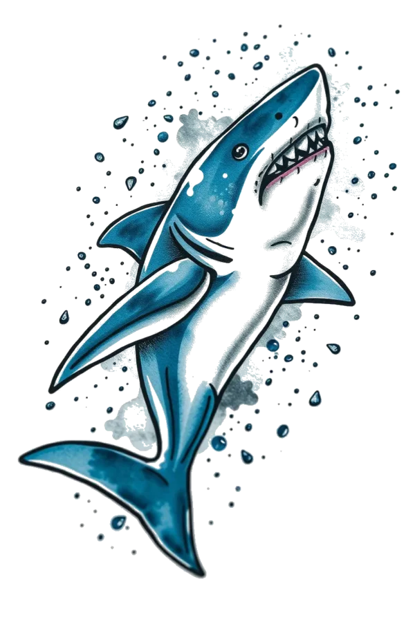 A temporary temporary tattoo design featuring a dynamic shark illustrated in shades of blue and white, facing right with its mouth open to display sharp teeth. The shark's body, mostly white with blue accents and a darker blue tail, is oriented towards the left. Surround