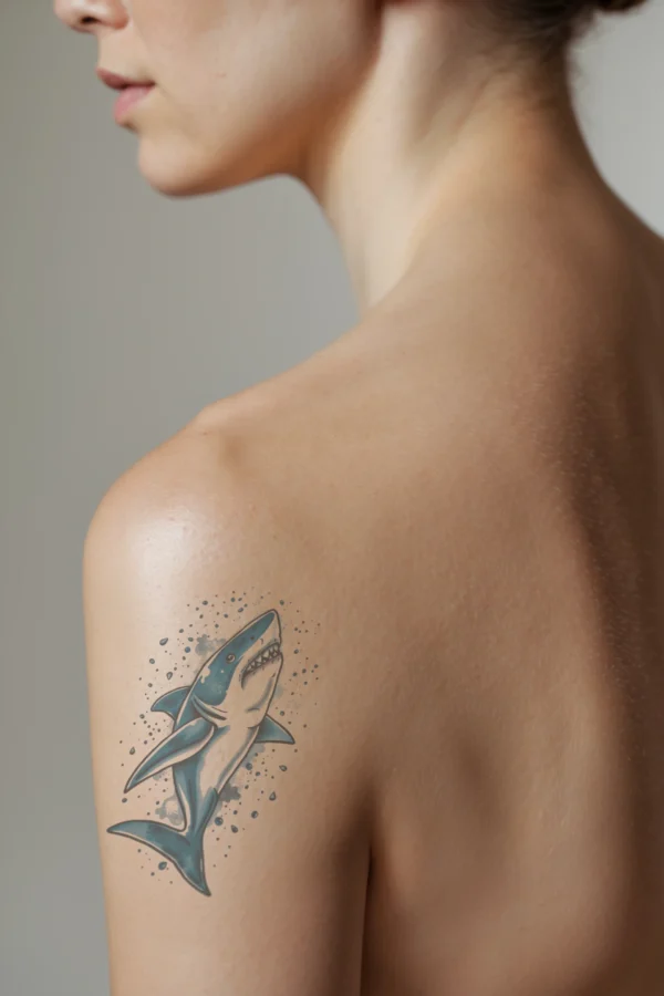 A close-up image of a temporary temporary tattoo on a person's shoulder shows a vibrant shark design in shades of blue and white. The shark is depicted in profile, facing right with its mouth open, showcasing sharp teeth. Its body is mainly white with blue accents