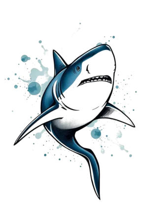 Digital illustration of a great white shark facing right, featuring a dark blue and black body with a lighter blue and white underside. The shark has its mouth open, showing sharp teeth, and is surrounded by a dynamic splash of blue and white. The stark
