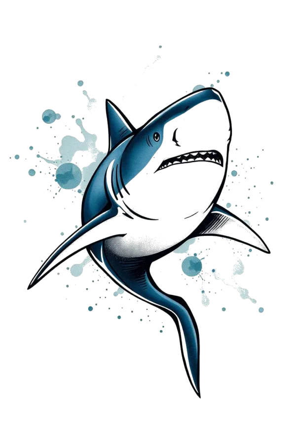 Digital illustration of a great white shark facing right, featuring a dark blue and black body with a lighter blue and white underside. The shark has its mouth open, showing sharp teeth, and is surrounded by a dynamic splash of blue and white. The stark