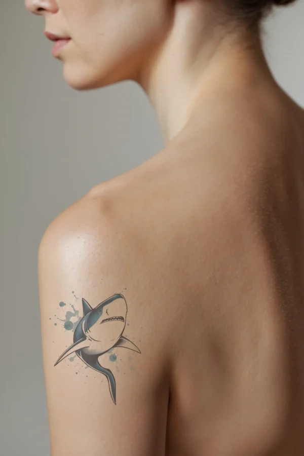 A profile view of a person's shoulder featuring a detailed temporary temporary tattoo of a great white shark. The shark, facing right, has a dark blue/black body and a lighter blue/white underside, with its mouth open to reveal sharp teeth. Surrounding