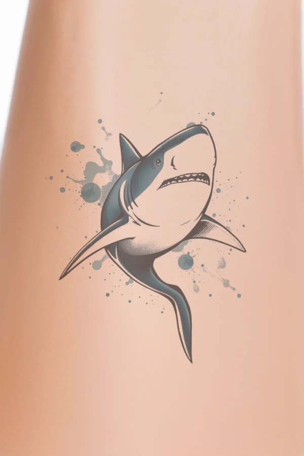 Digital illustration of a great white shark facing right, featuring a dark blue/black body, lighter blue/white underside, and an open mouth displaying sharp teeth. The shark is surrounded by a dynamic splash of blue and white ink against a stark white background