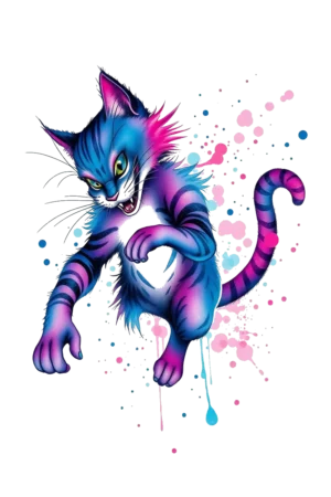 Temporary tattoo design featuring a vibrant, mid-leap illustration of a Cheshire Cat. The cat’s body is primarily blue with shades of pink and purple, and its tail is a bright pink. Its eyes are wide open, and its mouth is in a