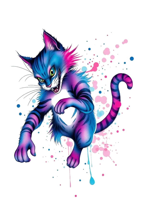 Temporary temporary tattoo design featuring a vibrant, mid-leap illustration of a Cheshire Cat. The cat’s body is primarily blue with shades of pink and purple, and its tail is a bright pink. Its eyes are wide open, and its mouth is in a