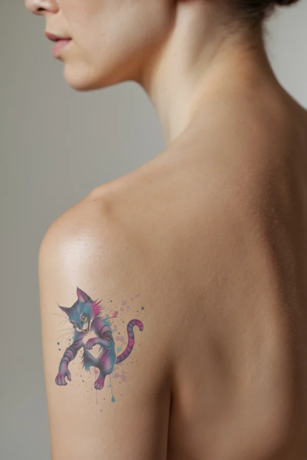 A temporary temporary tattoo on a person's shoulder displays a vibrant illustration of a mid-leaping Cheshire Cat. The cat's body is primarily blue, adorned with pink and purple accents. Its tail is bright pink, and its wide-open eyes convey a surprised expression.